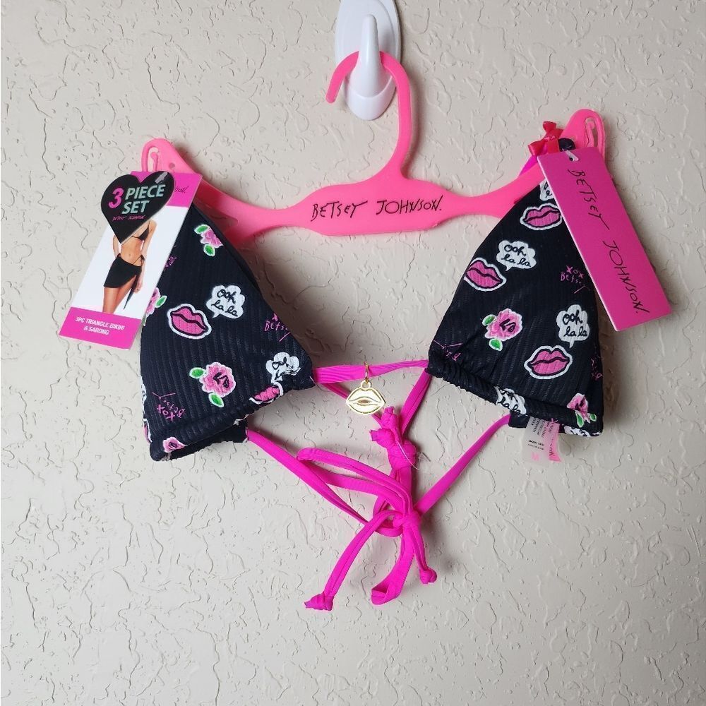Betsey Johnson Klitsch 3pc Adjustable Tie Ribbed Bikini Ooh La Print Size M